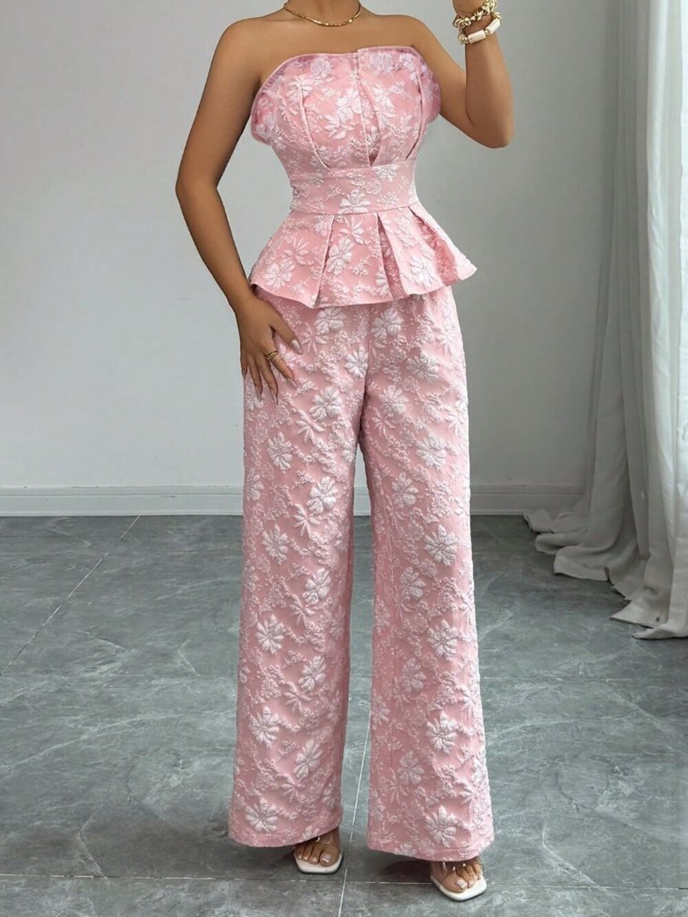 Pink Elegant Women's Floral Jacquard Camisole Top And Wide Leg Pants Set - Picture 5 of 7